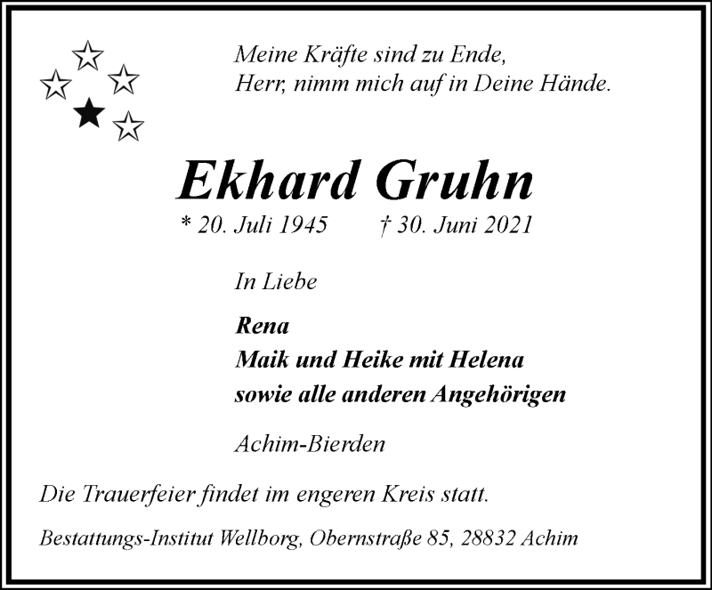 Traueranzeige von Ekhard Gruhn von Achimer Kurier/Verdener Nachrichten