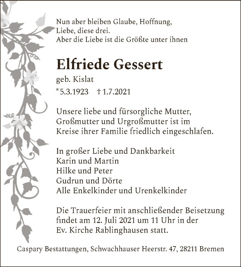 Traueranzeige von Elfriede Gessert von WESER-KURIER