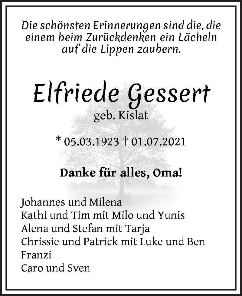 Traueranzeige von Elfriede Gessert von WESER-KURIER