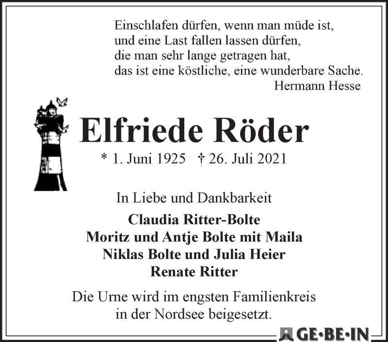 Traueranzeige von Elfriede Röder von WESER-KURIER