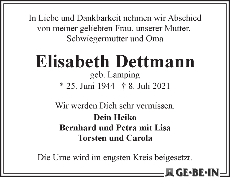 Traueranzeige von Elisabeth Dettmann von WESER-KURIER
