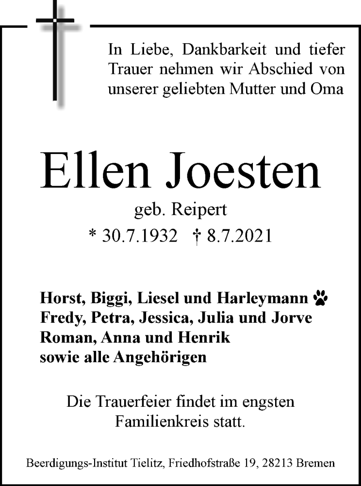 Traueranzeige von Ellen Joesten von WESER-KURIER