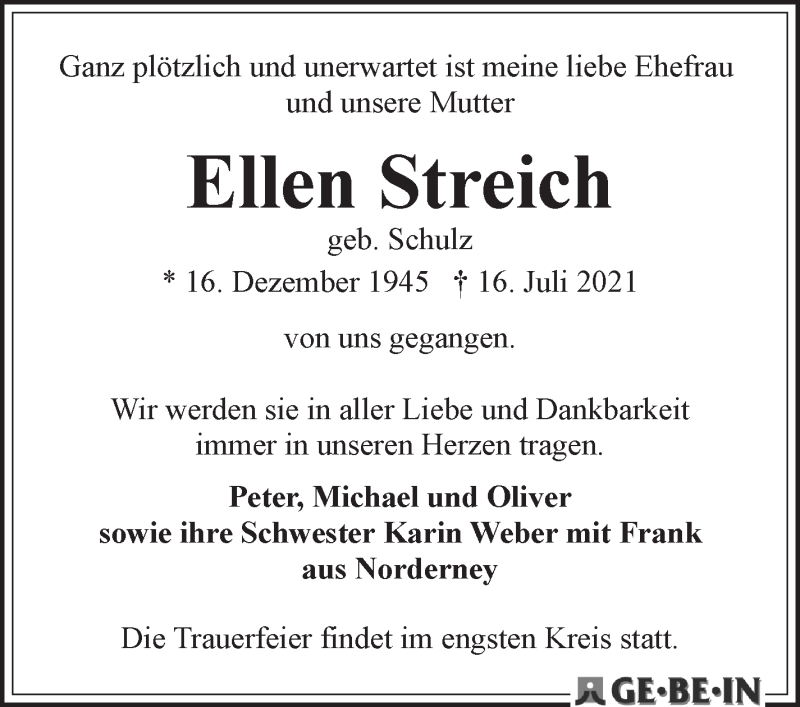 Traueranzeige von Ellen Streich von WESER-KURIER