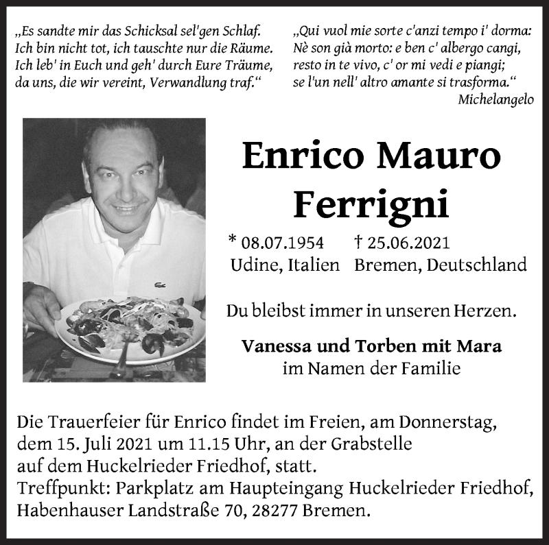 Traueranzeige von Enrico Mauro Ferrigni von WESER-KURIER