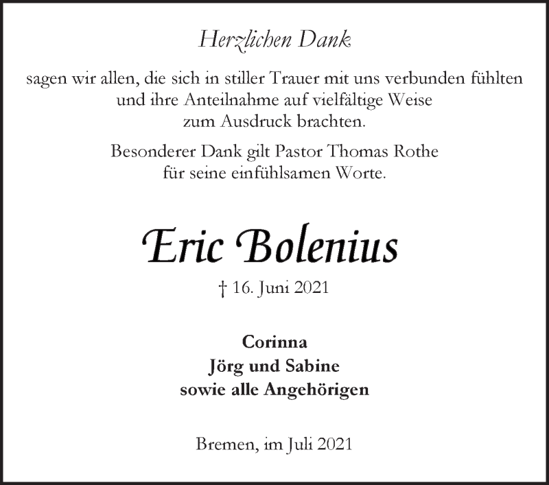Traueranzeige von Eric Bolenius von WESER-KURIER