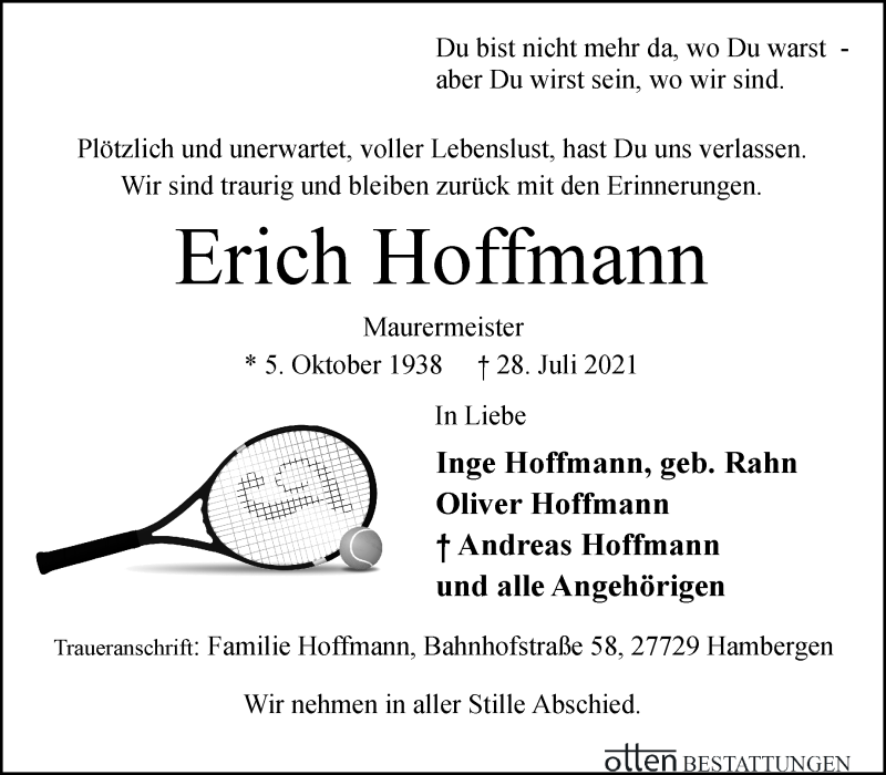 Traueranzeige von Erich Hoffmann von Osterholzer Kreisblatt