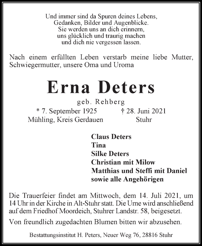 Traueranzeige von Erna Deters von WESER-KURIER