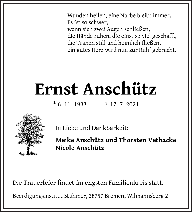 Traueranzeige von Ernst Anschütz von WESER-KURIER