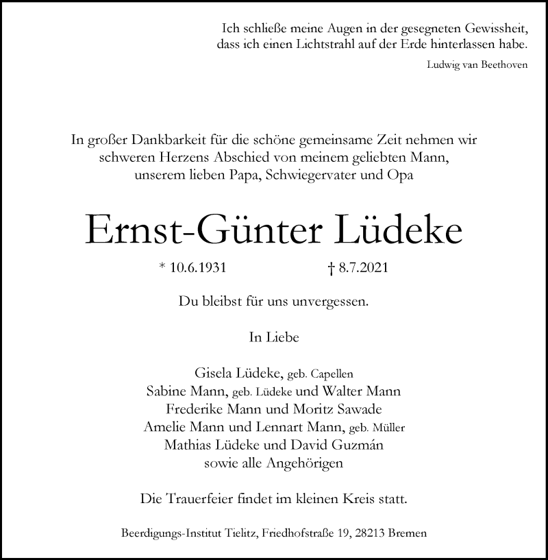 Traueranzeige von Ernst-Günter Lüdeke von WESER-KURIER