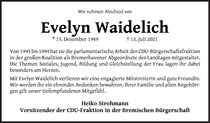 Traueranzeige von Evelyn Waidelich von WESER-KURIER