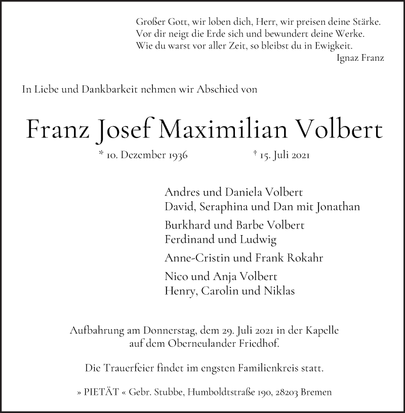 Traueranzeige von Franz Josef Maximilian Volbert von WESER-KURIER