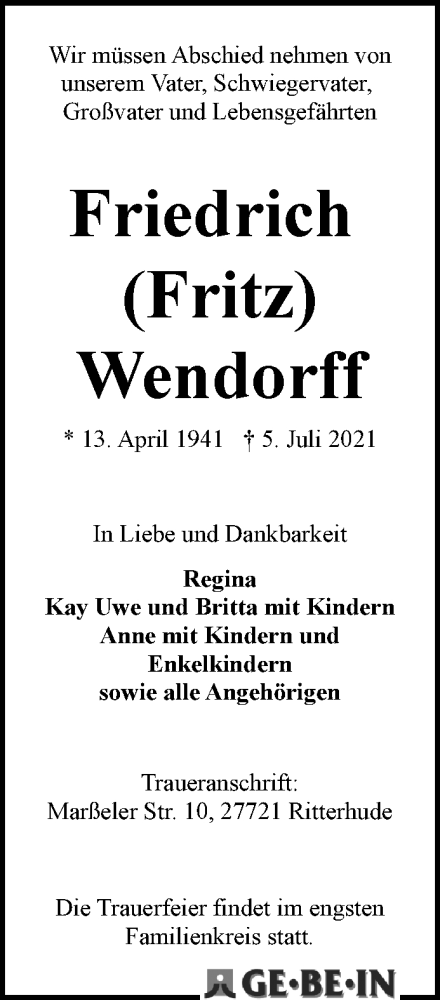 Traueranzeige von Friedrich (Fritz) Wendorff von WESER-KURIER