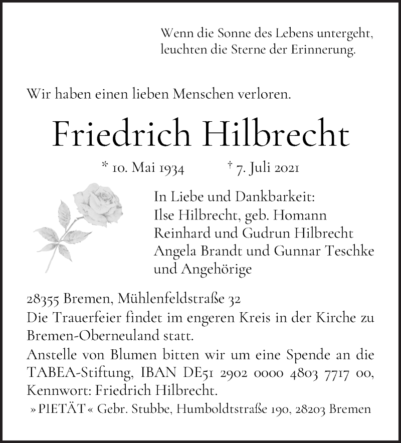 Traueranzeige von Friedrich Hilbrecht von WESER-KURIER