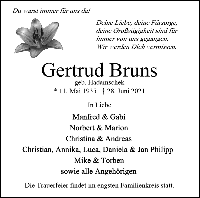 Traueranzeige von Gertrud Bruns von WESER-KURIER