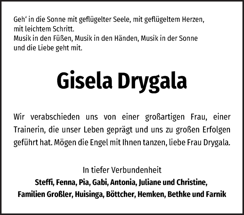 Traueranzeige von Gisela Drygala von WESER-KURIER