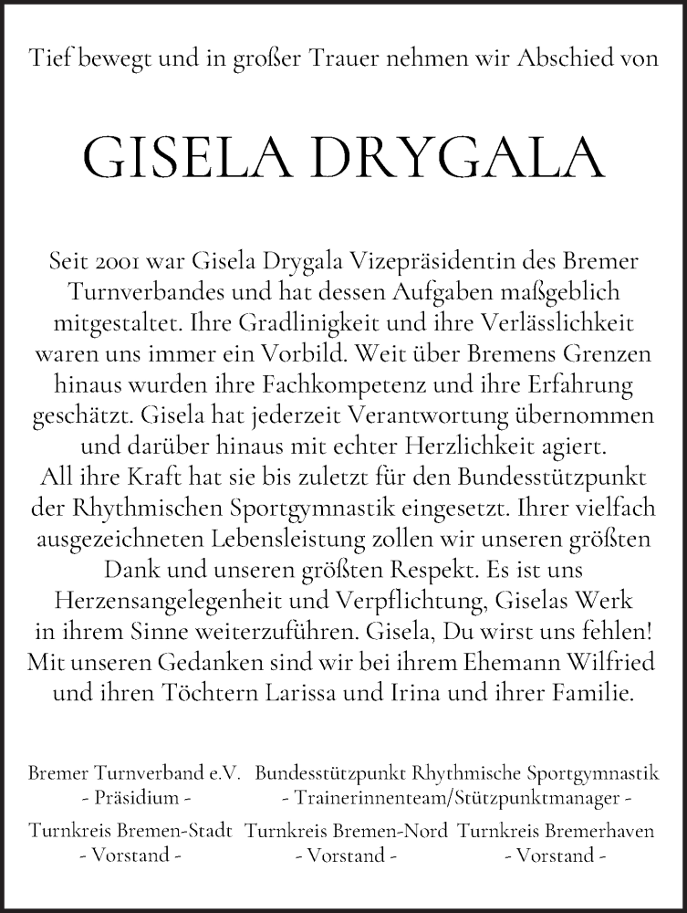 Traueranzeige von Gisela Drygala von WESER-KURIER