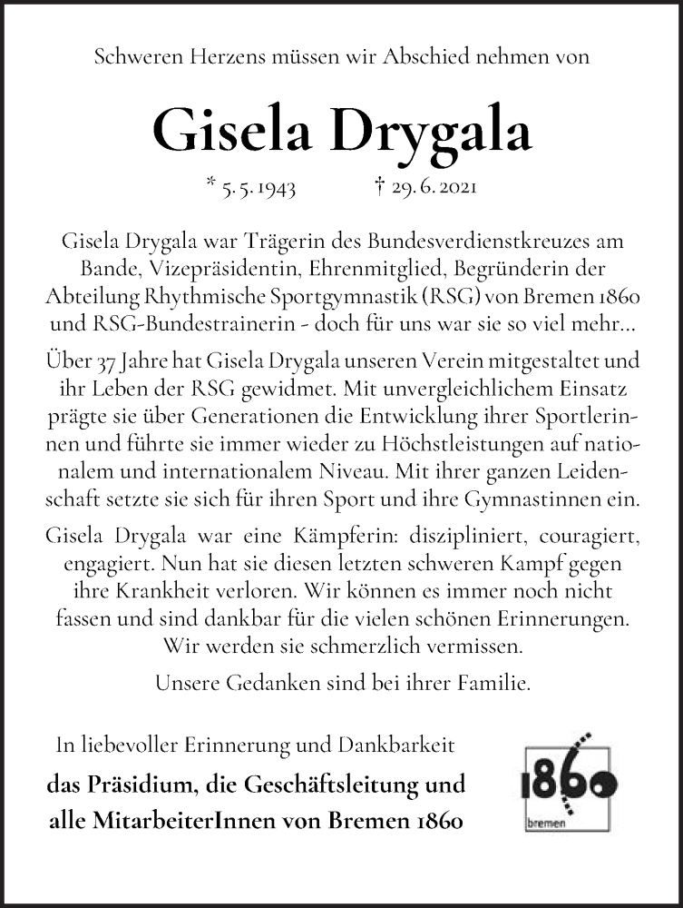 Traueranzeige von Gisela Drygala von WESER-KURIER