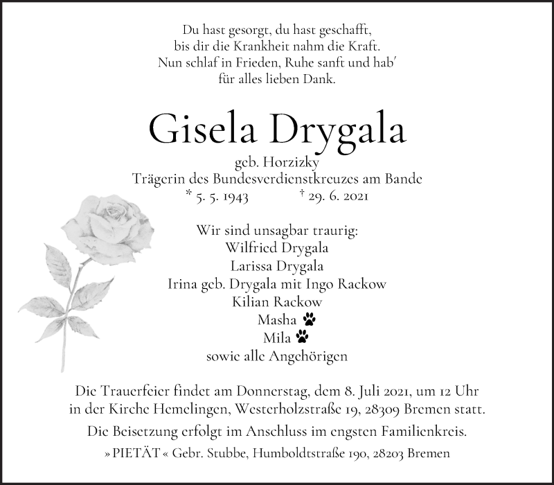 Traueranzeige von Gisela Drygala von WESER-KURIER