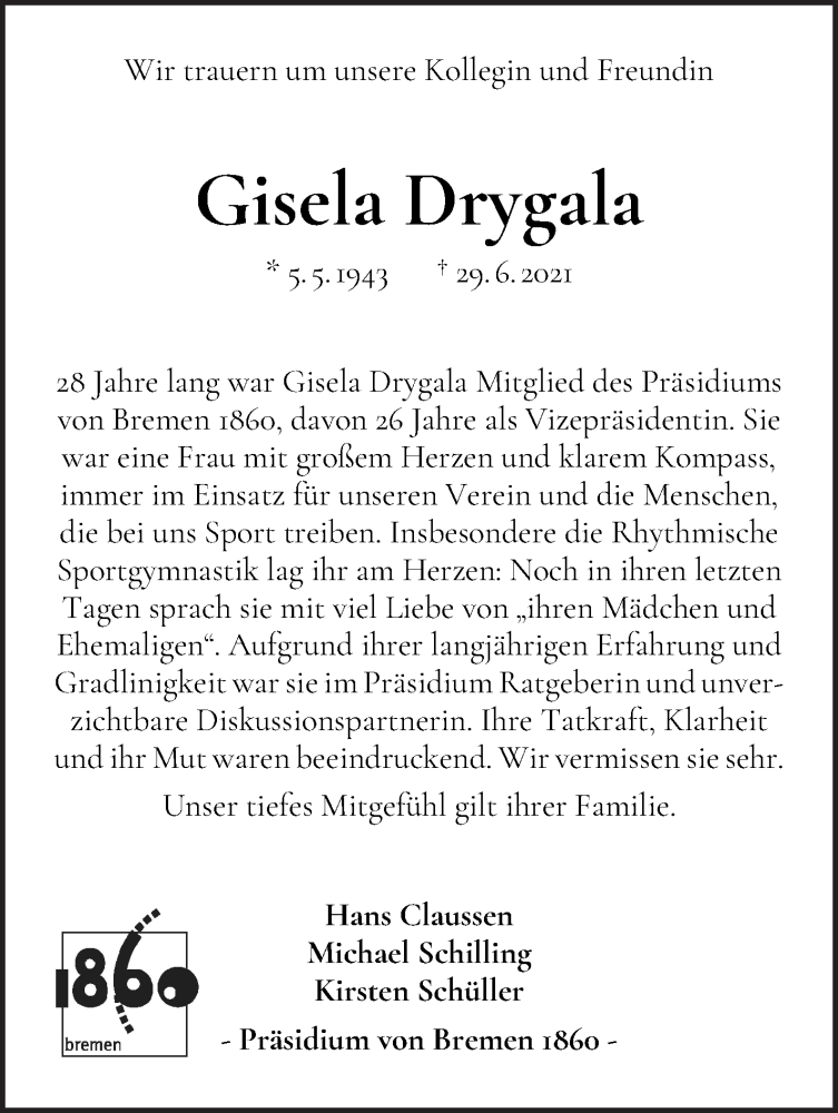 Traueranzeige von Gisela Drygala von WESER-KURIER