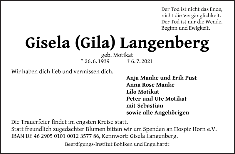 Traueranzeige von Gisela Langenberg von WESER-KURIER