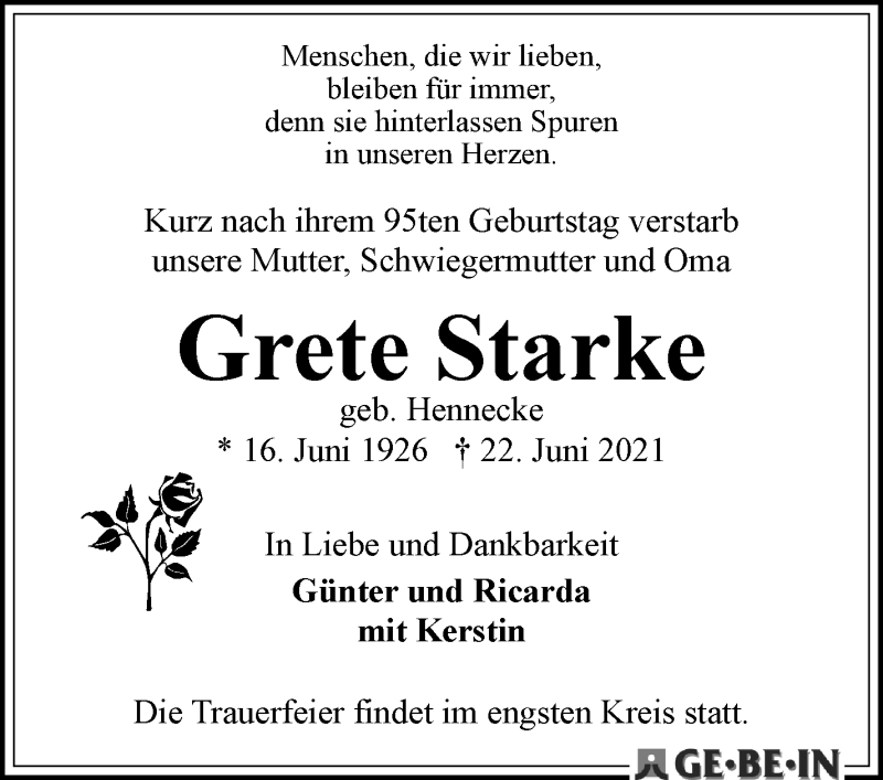 Traueranzeige von Greta Starke von WESER-KURIER