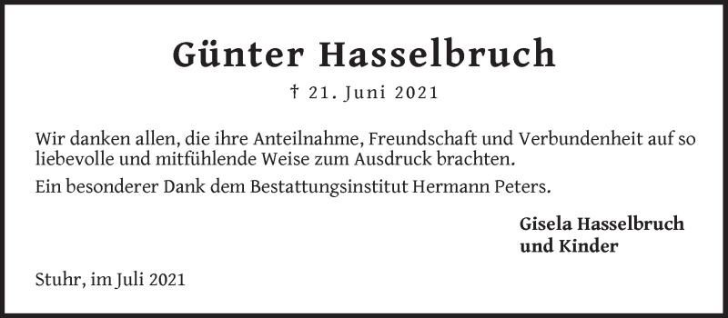 Traueranzeige von Günter Hasselbruch von Regionale Rundschau/Syker Kurier