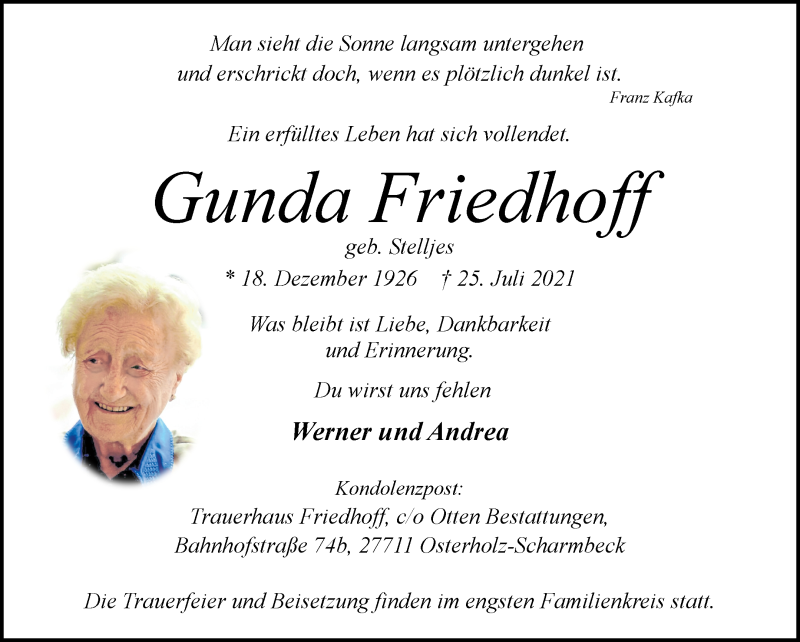 Traueranzeige von Gunda Friedhoff von Osterholzer Kreisblatt