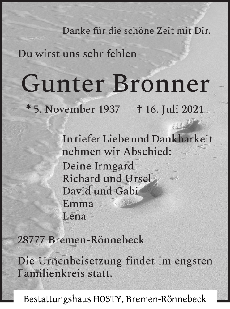 Traueranzeige von Gunter Bronner von WESER-KURIER