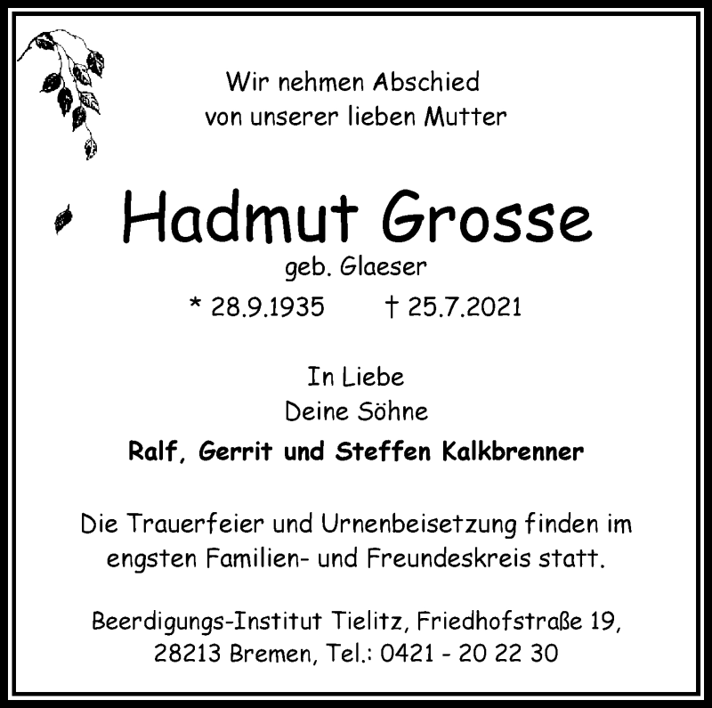 Traueranzeige von Hadmut Grosse von WESER-KURIER