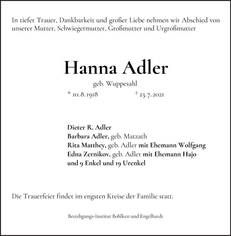 Traueranzeige von Hanna Adler von WESER-KURIER