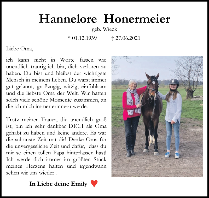 Traueranzeige von Hannelore Honermeier von WESER-KURIER