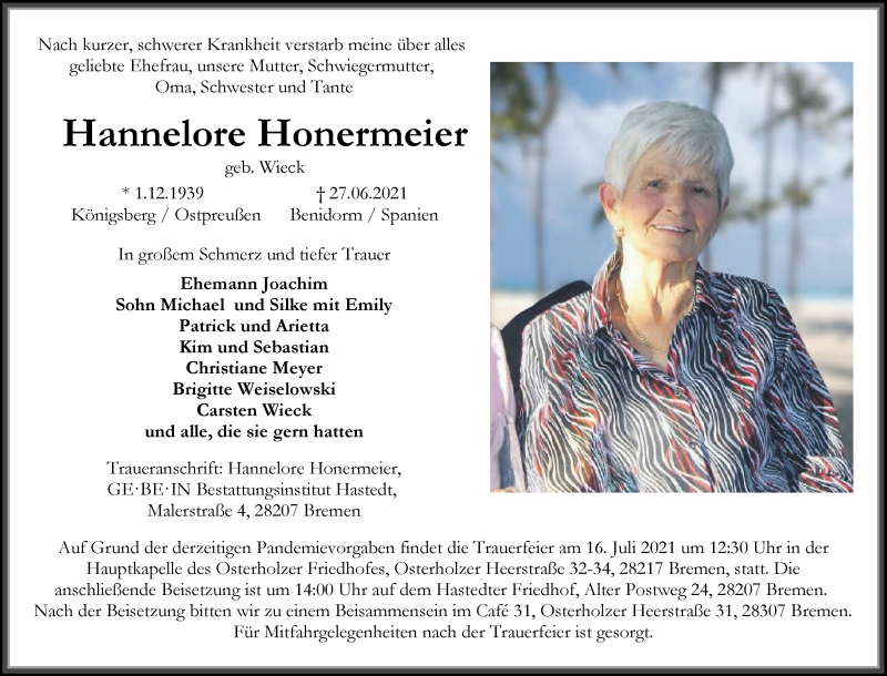 Traueranzeige von Hannelore Honermeier von WESER-KURIER