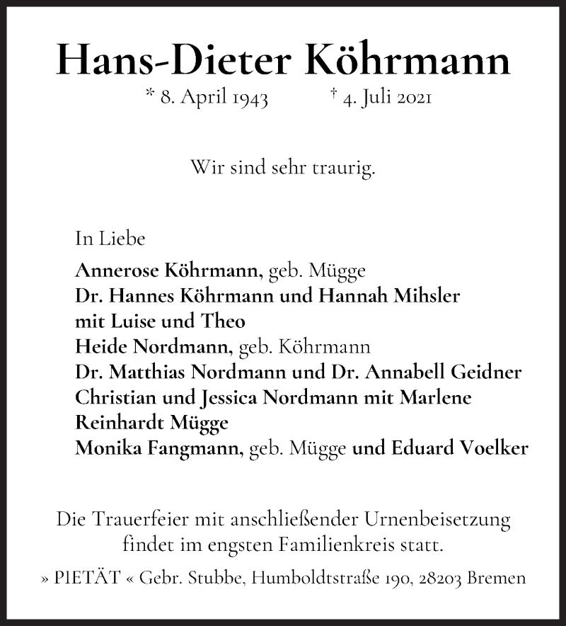 Traueranzeige von Hans-Dieter Köhrmann von WESER-KURIER