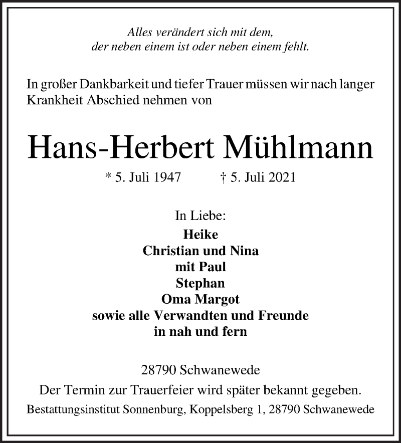 Traueranzeige von Hans-Herbert Mühlmann von WESER-KURIER