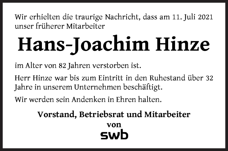 Traueranzeige von Jochen Hinze von WESER-KURIER