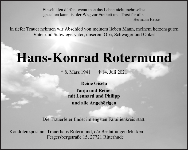 Traueranzeige von Hans-Konrad Rotermund von Osterholzer Kreisblatt