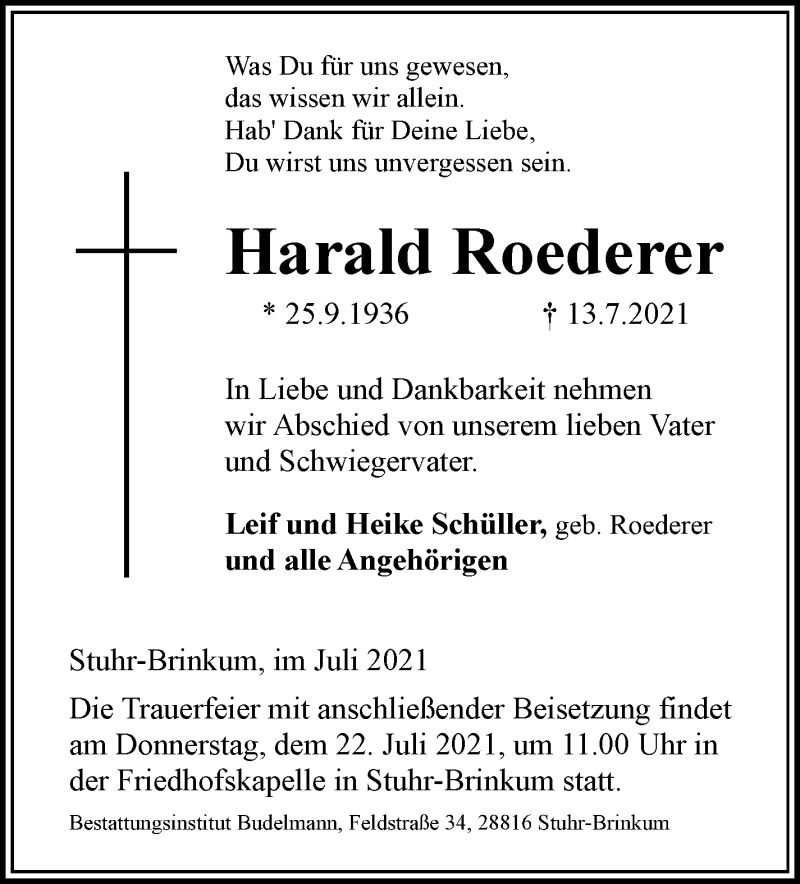 Traueranzeige von Harald Roederer von Regionale Rundschau/Syker Kurier