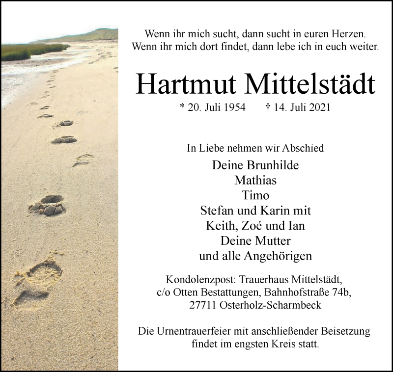 Traueranzeige von Hartmut Mittelstädt von Osterholzer Kreisblatt