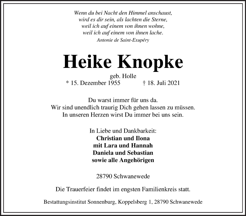 Traueranzeige von Heike Knopke von Die Norddeutsche