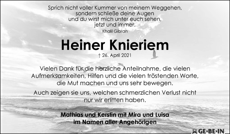 Traueranzeige von Heiner Knieriem von WESER-KURIER