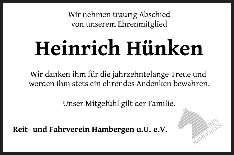 Traueranzeige von Heinrich Hünken von Osterholzer Kreisblatt