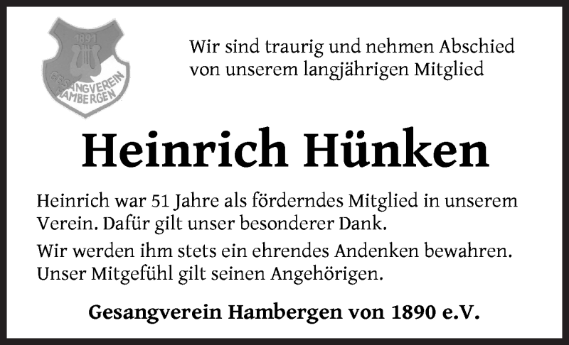 Traueranzeige von Heinrich Hünken von Osterholzer Kreisblatt