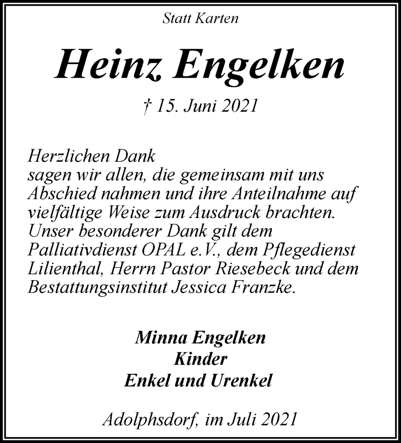 Traueranzeige von Heinz Engelken von Wuemme Zeitung