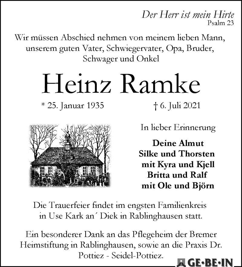 Traueranzeige von Heinz Ramke von WESER-KURIER