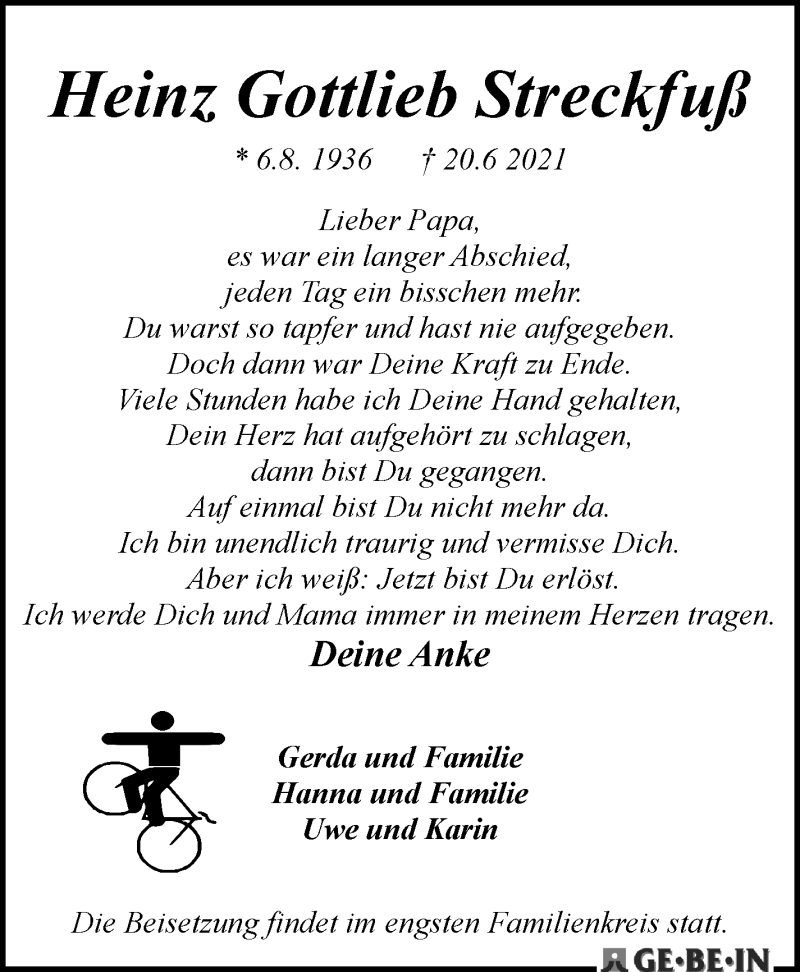 Traueranzeige von Heinz Gottlieb Streckfuß von WESER-KURIER