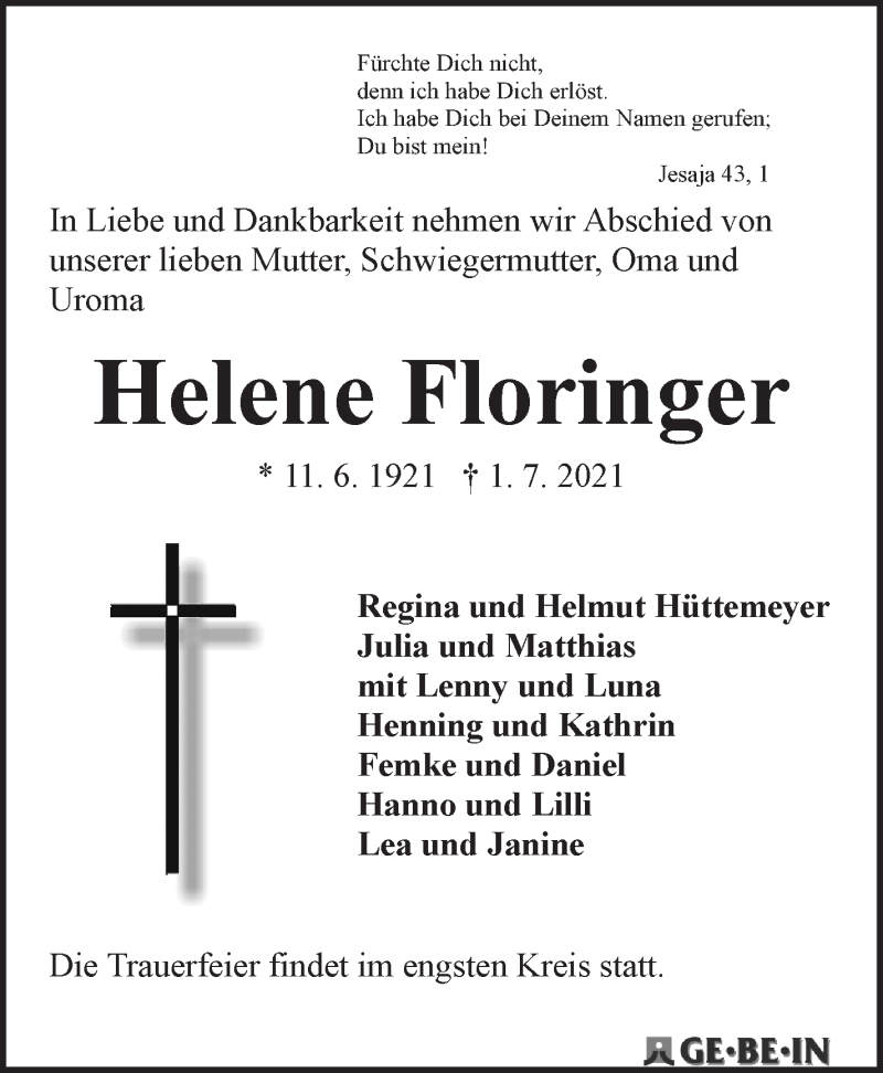 Traueranzeige von Helene Floringer von WESER-KURIER