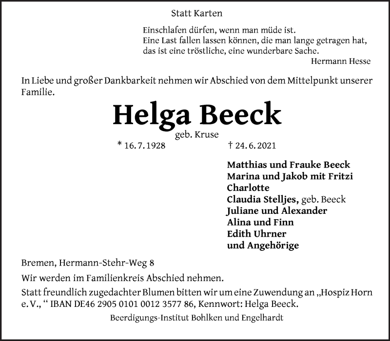 Traueranzeige von Helga Beeck von WESER-KURIER