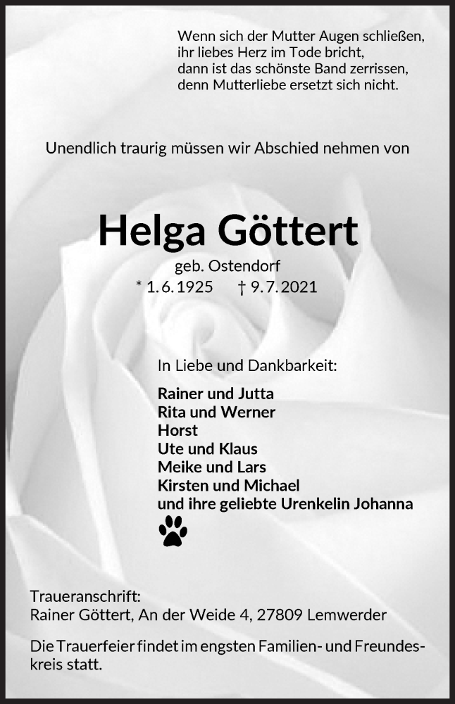 Traueranzeige von Helga Göttert von Die Norddeutsche