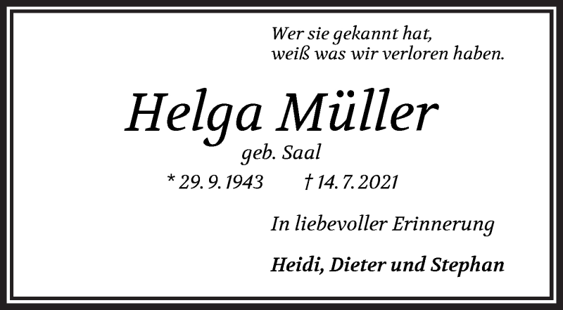 Traueranzeige von Helga Müller von WESER-KURIER