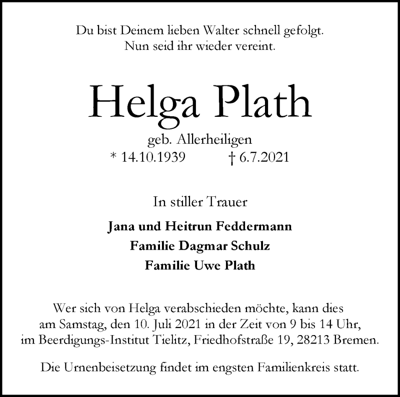 Traueranzeige von Helga Plath von WESER-KURIER
